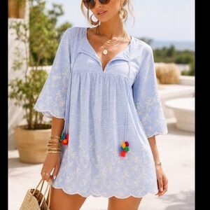 Zara Blue Striped Cotton Babydoll Romper Sz Large Eyelet Embroidery Rainbow poms